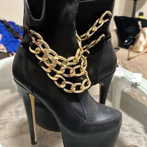Black and Gold Chain Women's High Heel Boots